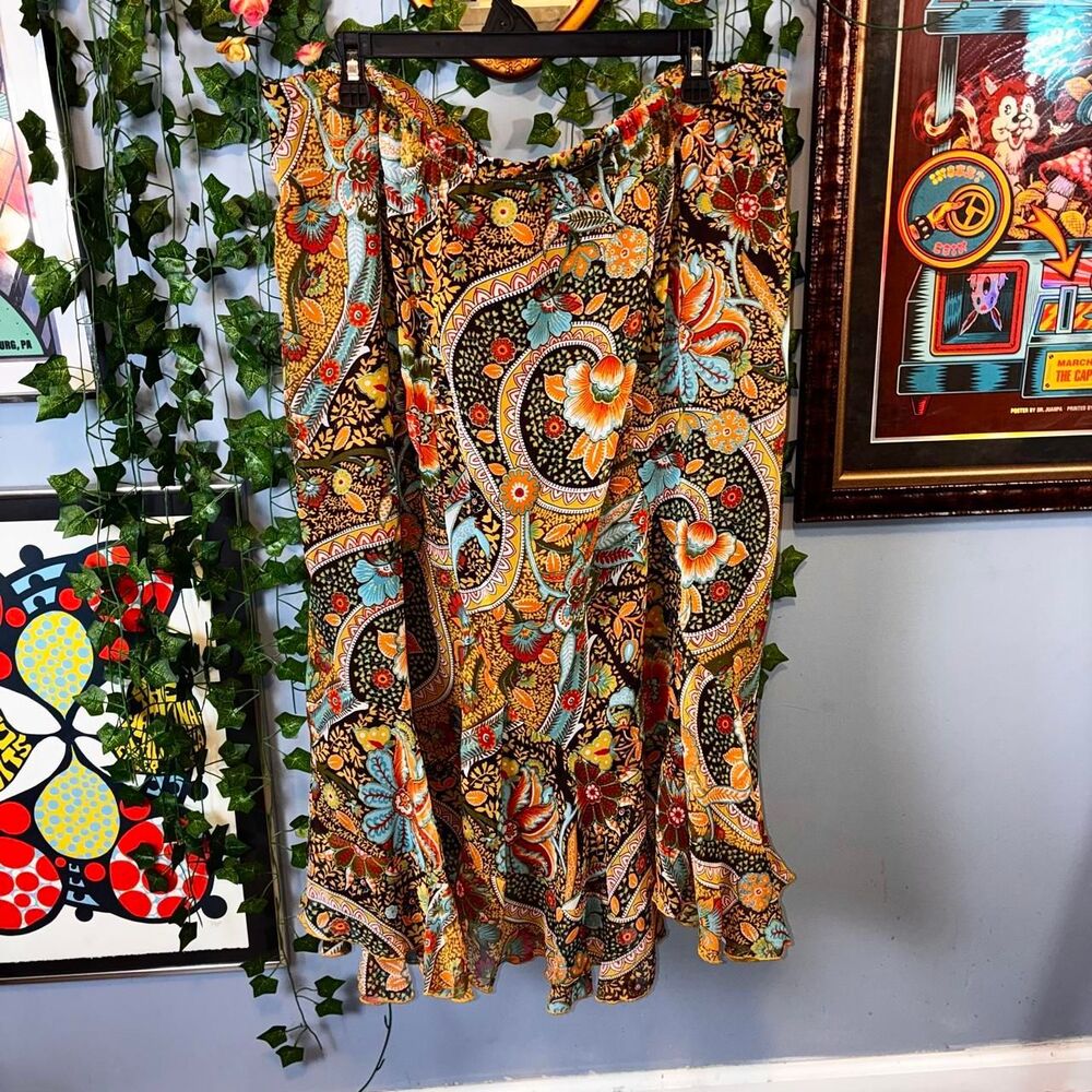 Studio 1940 brown and orange paisley print skirt with ruffle hem (18/20W) - Picture 4 of 5